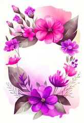 Fototapeta premium Abstract watercolor pink flowers wreath, greeting floral ornament, template card, painting background. Generative AI.