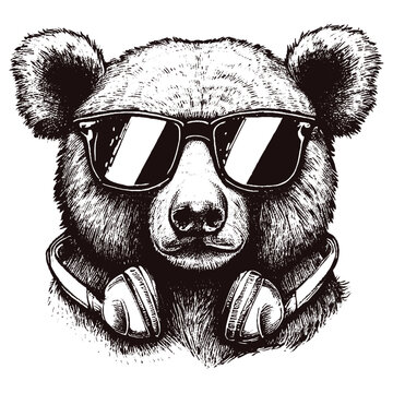 cool bear wearing sunglasses and headphones vector sketch