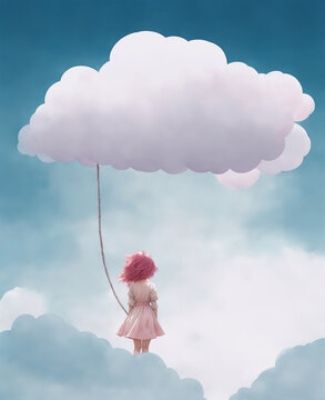 girl holding white fluffy cloud with string like a balloon generative AI illustration