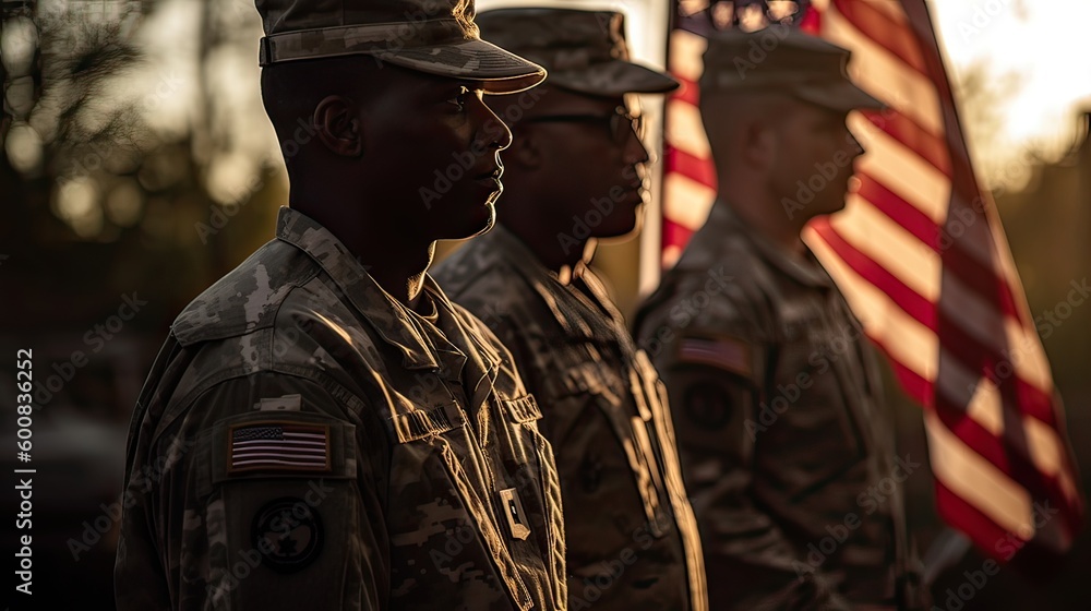 Wall mural 4th of July concep. portrait of A soldier in front of a flag of the USA. The soldier with the gun in front of a flag. portrait soldie standing in front of usa flag. Non-existent person. Generative Ai