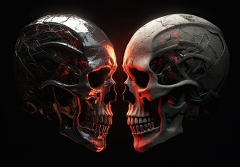 Two skulls terminator look at each other black background. Generative Ai.