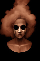 Portrait of a girl without eyes on a dark background. Halloween, horror, demonic background, generative AI
