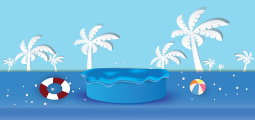 Fototapeta na wymiar Circle stage podium for Summer decorated with beach equipment, water splash and palm trees. Summer sea mockup template. Product banner, paper cut and craft style. vector, illustration.