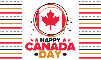 Happy Canada Day. National holiday, celebrated annual in July 1. Canadian flag. Maple leaf. Patriotic symbol and elements. Poster, card, banner and background. Vector illustration