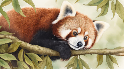 Obraz premium Watercolor pencil illustration of a red panda sitting in a tree and curiously looking away. Fluffy animal for postcard design. Generative AI