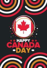 Happy Canada Day. National holiday, celebrated annual in July 1. Canadian flag. Maple leaf. Patriotic symbol and elements. Poster, card, banner and background. Vector illustration