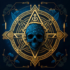 Blue skull on the abstract occult sign. Mystic golden ornament with magic skull. Generated AI.