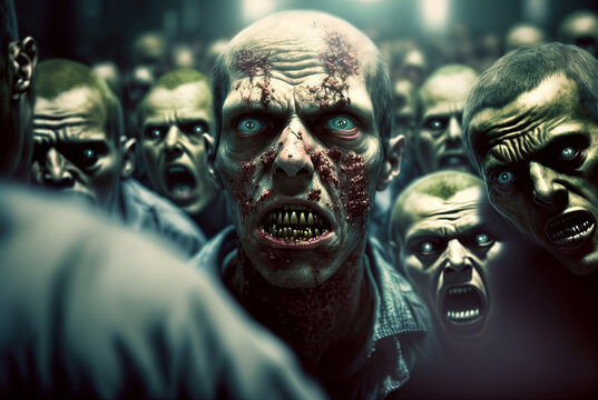 Zombies with scary faces in the crowd during the zombie apocalypse. Horror theme for Halloween or game party ad. Generated AI.