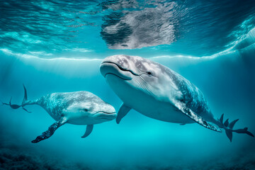 Adult whale gracefully swims alongside its adorable baby, creating a heartwarming sight in the vast ocean. Generative AI
