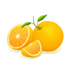 A set of oranges. A ripe orange with two leaves, half an orange and a slice of orange on a white isolated background. Fruits, vitamins, minerals. Food, proper nutrition and diet. Vector illustration.
