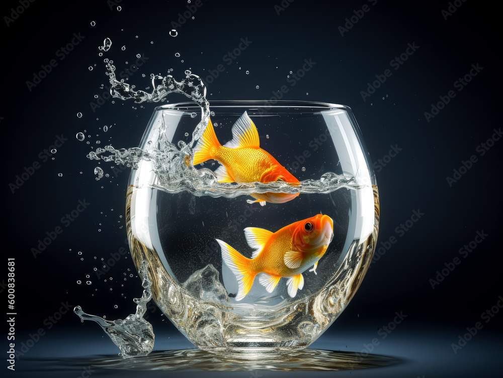 Wall mural goldfish splashing water out of a bowl. generative ai.