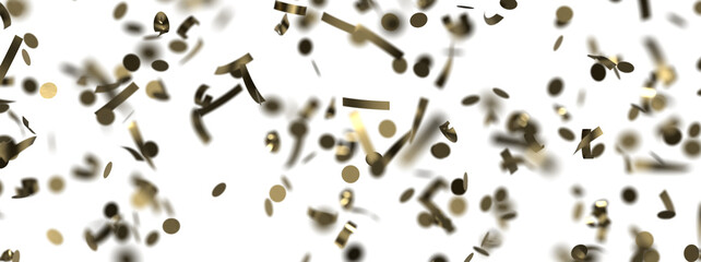 Golden confetti falling down isolated on transparent background.