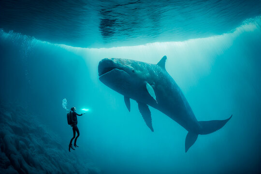 In the vast ocean, a diver shares an enchanting encounter with a majestic whale, a meeting of two worlds. Generative AI