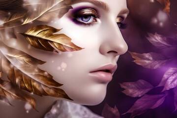 Pale skinned woman surrounded by golden leaves. Gold and purple beautiful colors. Generative AI.