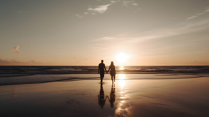 Obraz premium Romantic Escapade: A Couple Walking Hand-in-Hand on a Getaway, generative AI