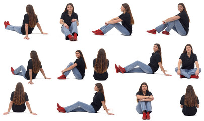  large group of same young girl sitting on the floor on white background - Powered by Adobe