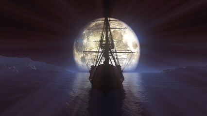old ship in sea full moon illustration