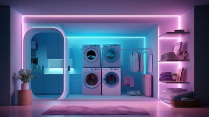Advanced Laundry Room in 16:9 Aspect Ratio Featuring Blue and Pink Washing Machines, Radiant Laser Effects, and Contemporary Amenities, Generative AI Illustration