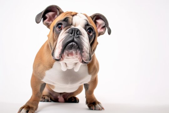Medium shot portrait photography of a scared bulldog sitting against a white background. With generative AI technology