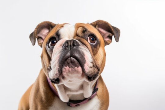 Medium shot portrait photography of a scared bulldog sitting against a white background. With generative AI technology