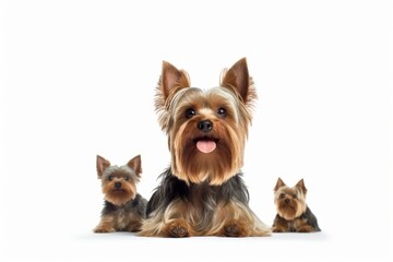 Medium shot portrait photography of a happy yorkshire terrier posing with a family against a white background. With generative AI technology