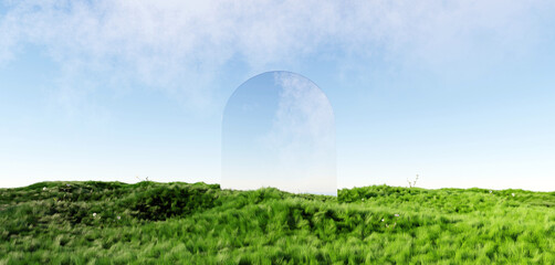 3d render Surreal green shaggy surface Grassland mountain landscape background in minimal concept, abstract fantastic dune, panoramic, futuristic beauty meadow.copy space, blue sky and cloudy
