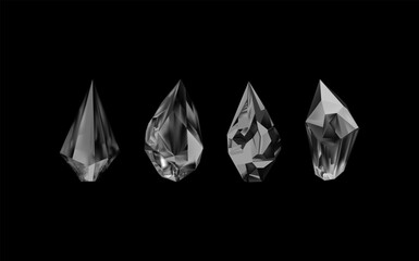 .Glass shiny crystals with different shades reflecting light.A collection of images of black diamonds of various geometric shapes and sizesVector realistic set of glow gemstone or colorful ice.