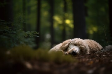 Environmental portrait photography of an aggressive poodle sleeping against a forest background. With generative AI technology