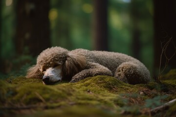 Fototapeta premium Environmental portrait photography of an aggressive poodle sleeping against a forest background. With generative AI technology