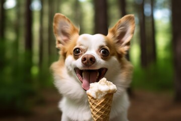 Studio portrait photography of a happy chihuahua licking an ice cream cone against a forest background. With generative AI technology