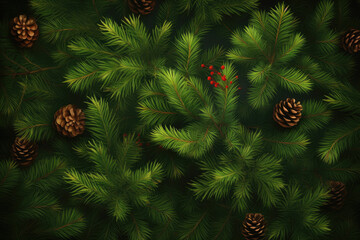 Christmas fir tree branches Background. Christmas pine tree wallpaper. Copy space. Generative AI