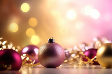 Beautiful Christmas ball decorations with lights and bokeh background. Generative AI