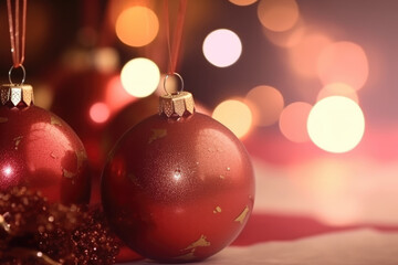 Beautiful Christmas ball decorations with lights and bokeh background. Generative AI