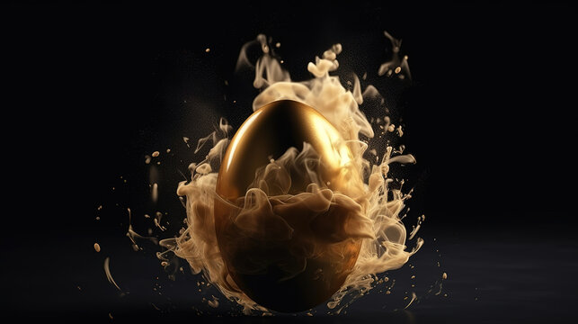 3D gold egg levitating abstract, exploding with smoke cloud on black background. Generative ai
