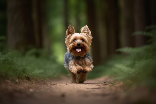 Environmental portrait photography of a happy yorkshire terrier running against a forest background. With generative AI technology
