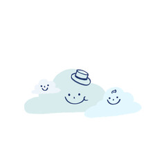 A drawing of cute smiley cartoon set of blue clouds in the sky