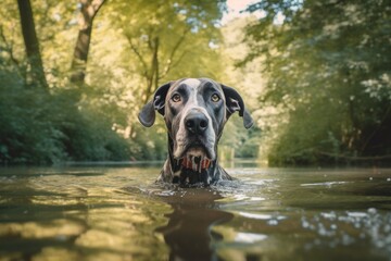 Medium shot portrait photography of a happy great dane swimming against a forest background. With generative AI technology