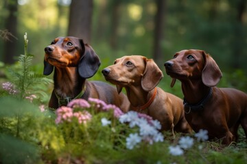 Group portrait photography of a scared dachshund smelling flowers against a forest background. With generative AI technology