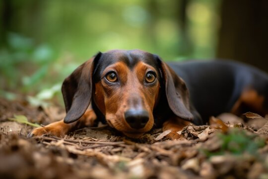 Medium shot portrait photography of a happy dachshund lying down against a forest background. With generative AI technology