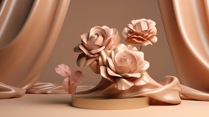 3D background gold cloth podium display. Beige background, nature rose flower. Generative Ai