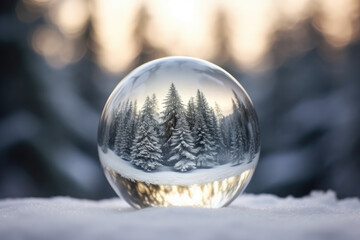 Fototapeta na wymiar Snow globe with Christmas tree in snow background. Generative AI