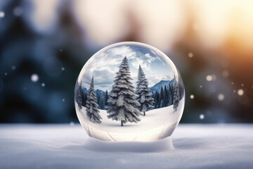 Snow globe with Christmas tree in snow background. Generative AI
