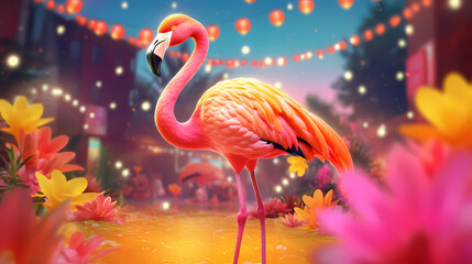 Summer festive with flamingo on yellow background, Tropical summer time. Generative AI