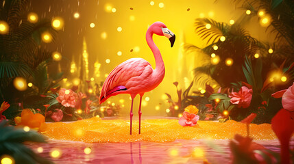 Summer festive with flamingo on yellow background, Tropical summer time. Generative AI