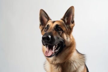 Headshot portrait photography of a happy german shepherd standing on hind legs against a minimalist or empty room background. With generative AI technology