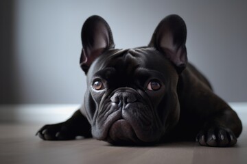 Fototapeta premium Environmental portrait photography of a curious french bulldog lying down against a minimalist or empty room background. With generative AI technology