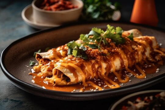 enchiladas with a smoky chipotle sauce and strips of chicken on a plate