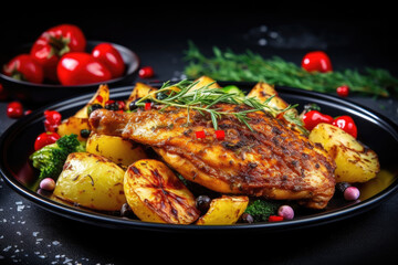 Fototapeta premium Delicious Crispy Fish Fry and Juicy Roasted Chicken with Vegetables. Grilled Roasted Chicken Meat with Vegetable Salad. Ai