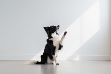 Full-length portrait photography of an aggressive border collie giving the paw against a minimalist or empty room background. With generative AI technology