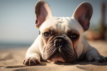Fototapeta premium Close-up portrait photography of a happy french bulldog lying down against a beach background. With generative AI technology